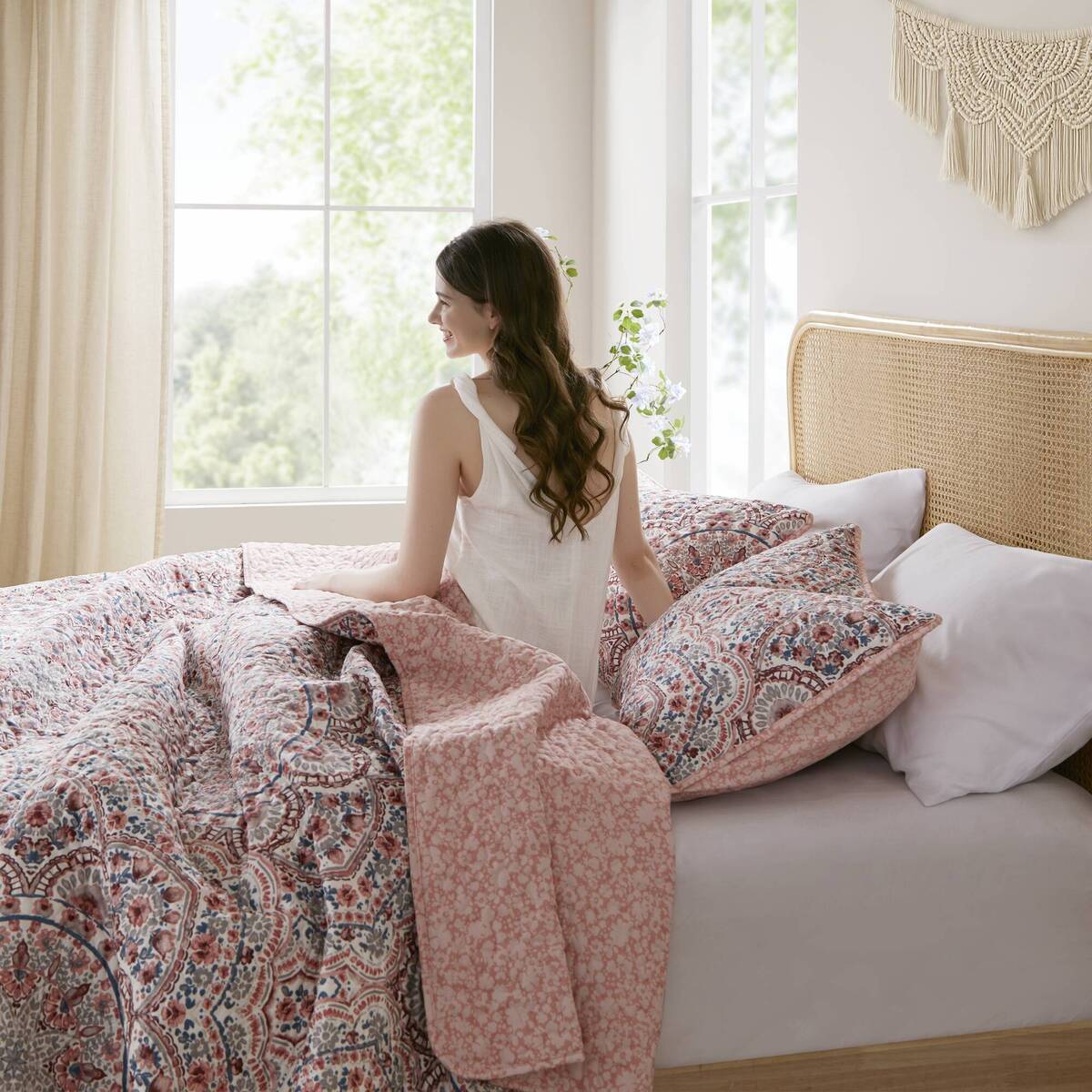 Floral Boho Quilt Set, Reversible Bedding Set
