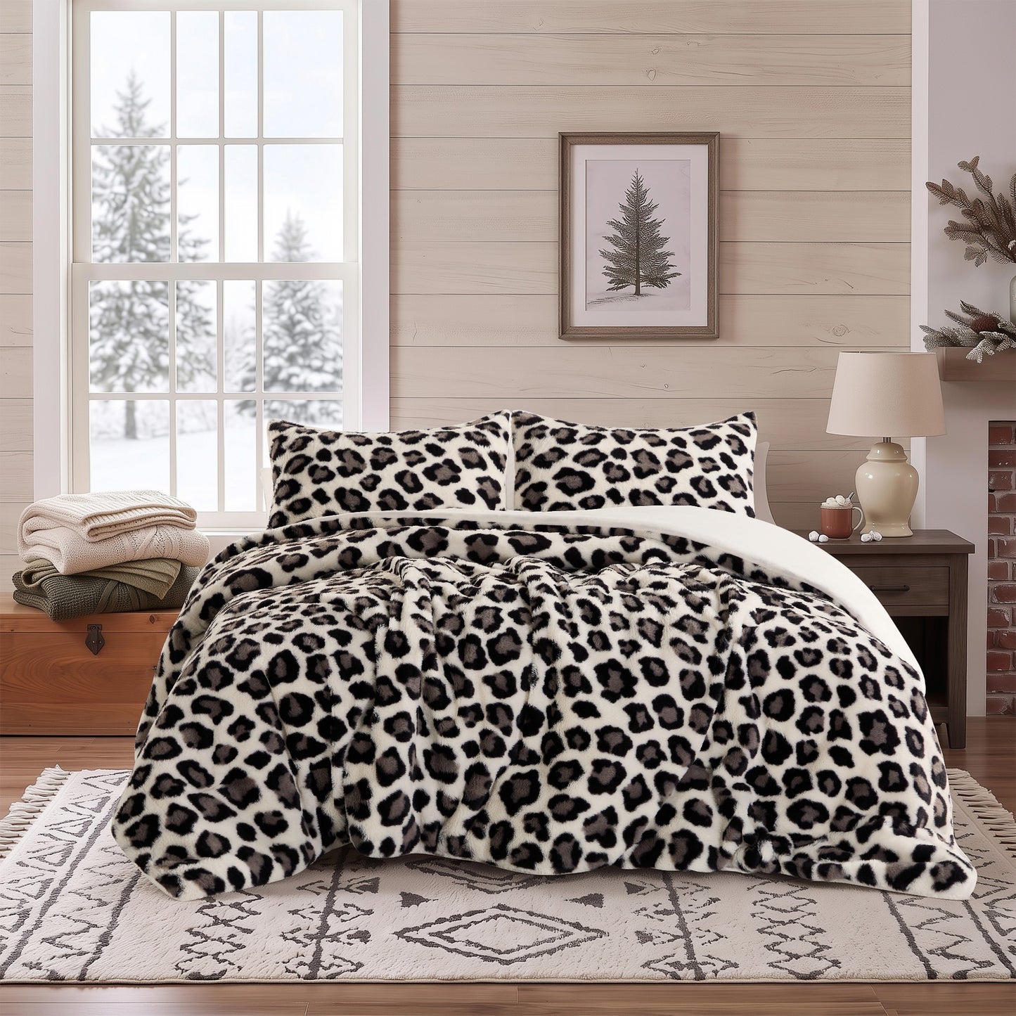 Faux Fur Reversible Bedding Set, Printed Serengeti Fur & Velvet Comforter Set with Comforter & Sham