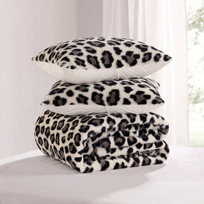 Faux Fur Reversible Bedding Set, Printed Serengeti Fur & Velvet Comforter Set with Comforter & Sham