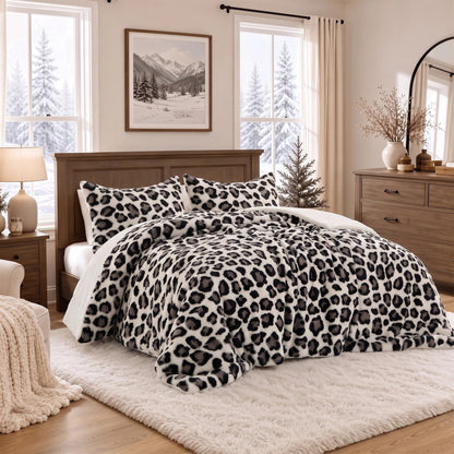 Faux Fur Reversible Bedding Set, Printed Serengeti Fur & Velvet Comforter Set with Comforter & Sham