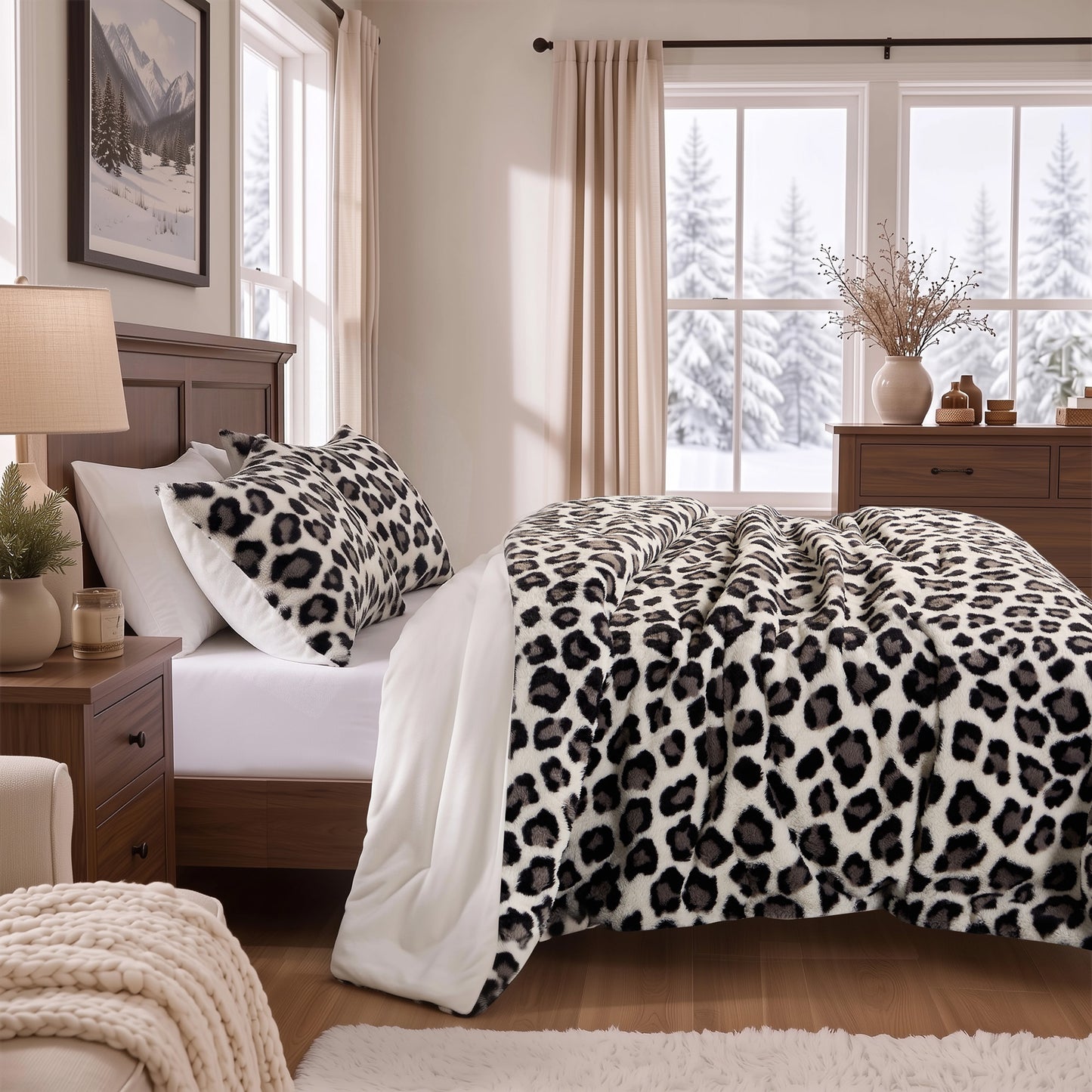 Faux Fur Reversible Bedding Set, Printed Serengeti Fur & Velvet Comforter Set with Comforter & Sham