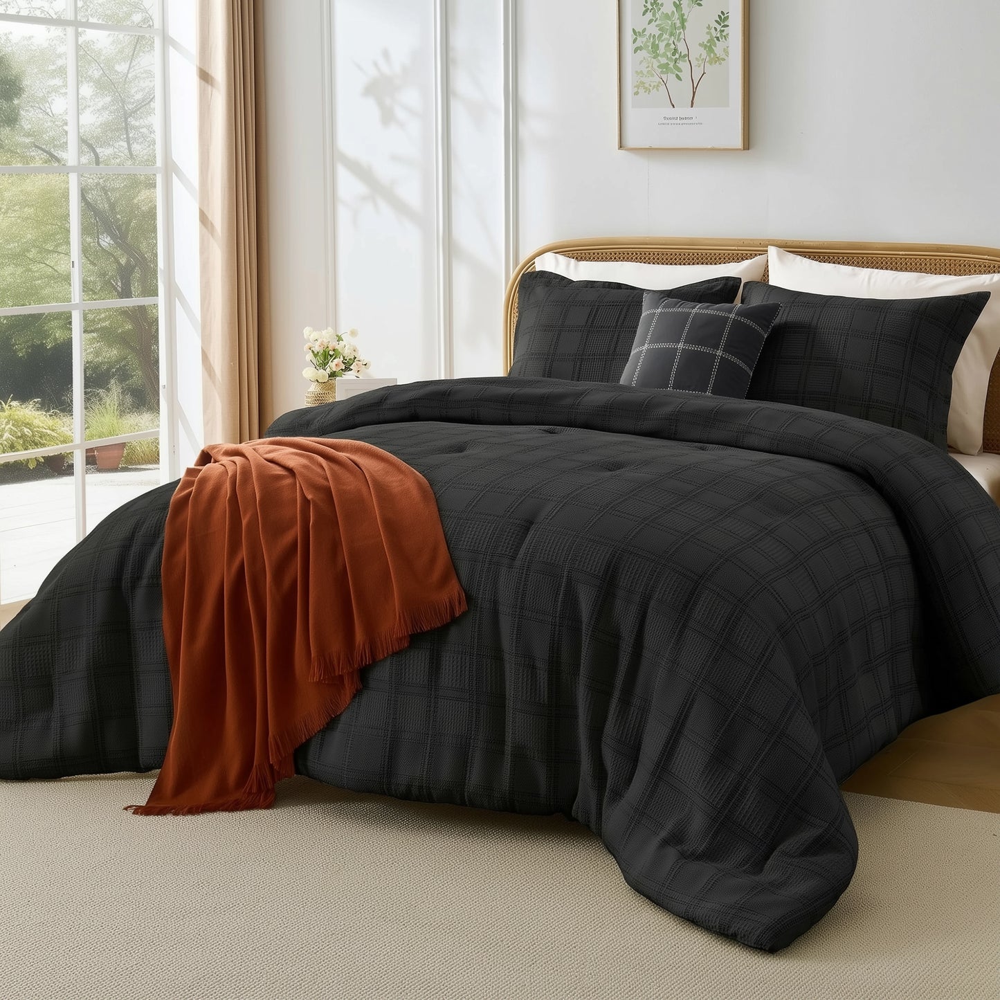 Solid Classic Waffle Weave Textured Bedding Comforter Set