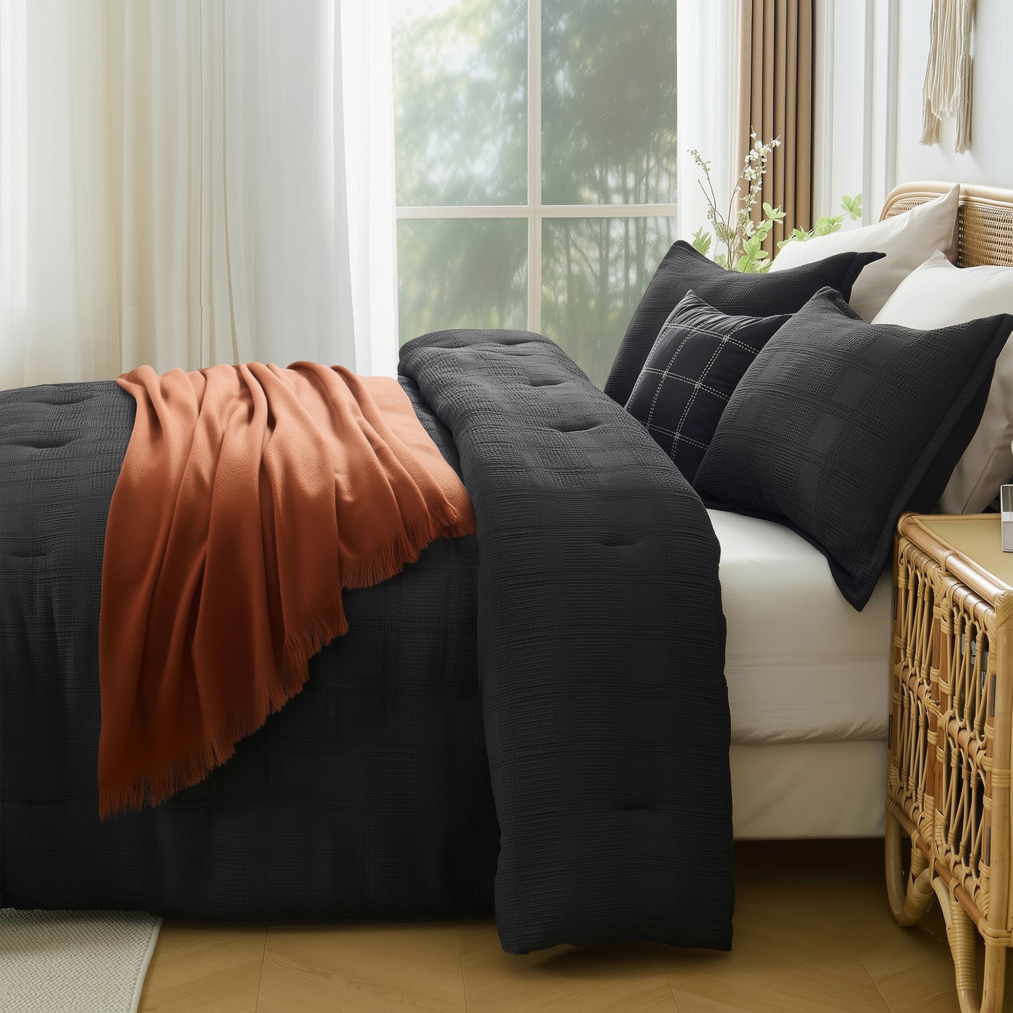 Solid Classic Waffle Weave Textured Bedding Comforter Set