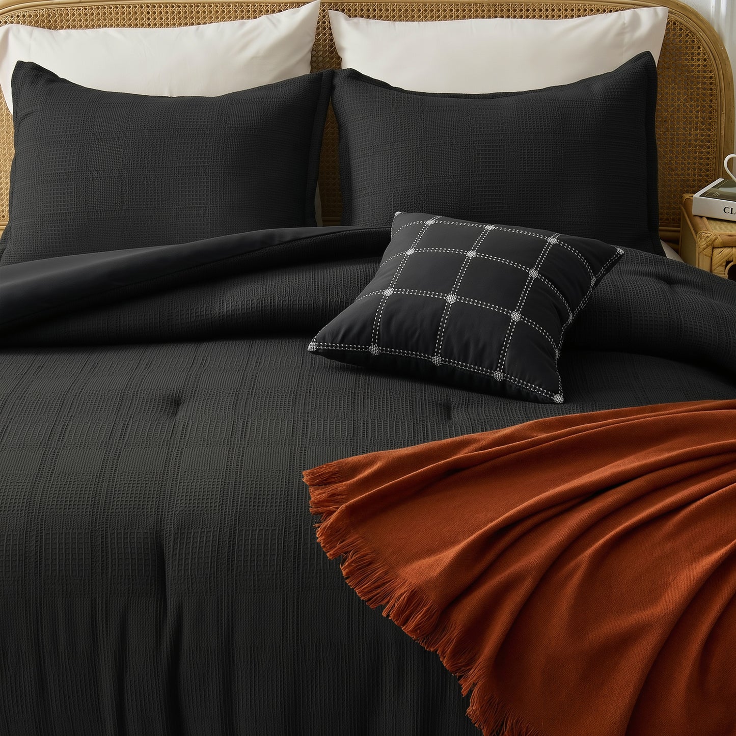 Solid Classic Waffle Weave Textured Bedding Comforter Set