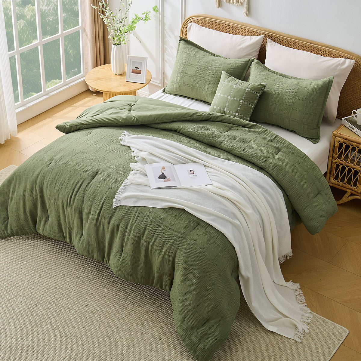 Solid Classic Waffle Weave Textured Bedding Comforter Set