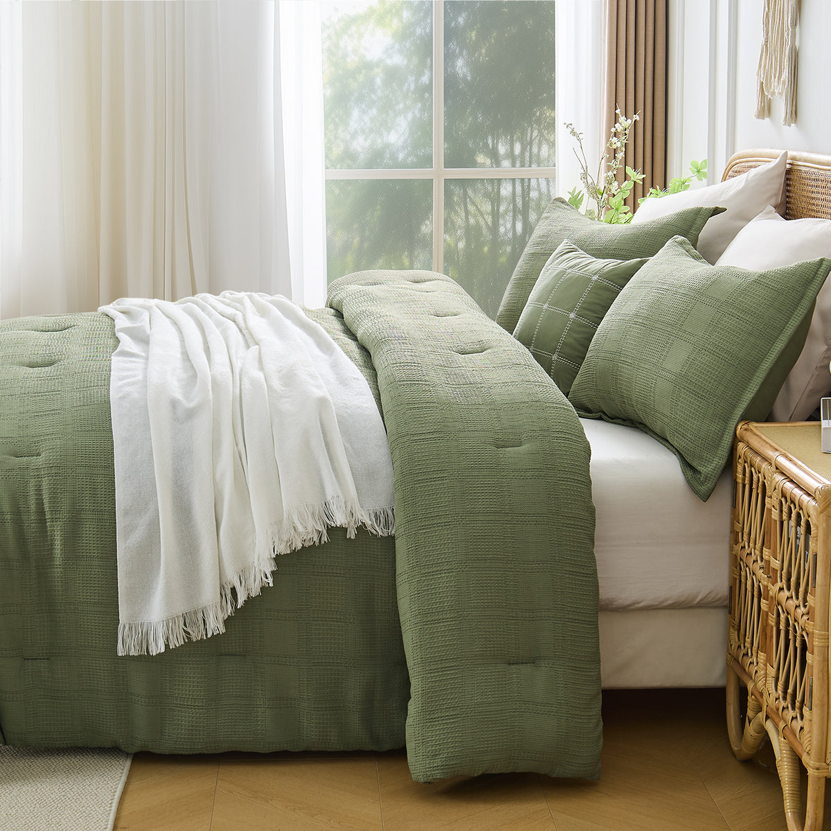 Solid Classic Waffle Weave Textured Bedding Comforter Set