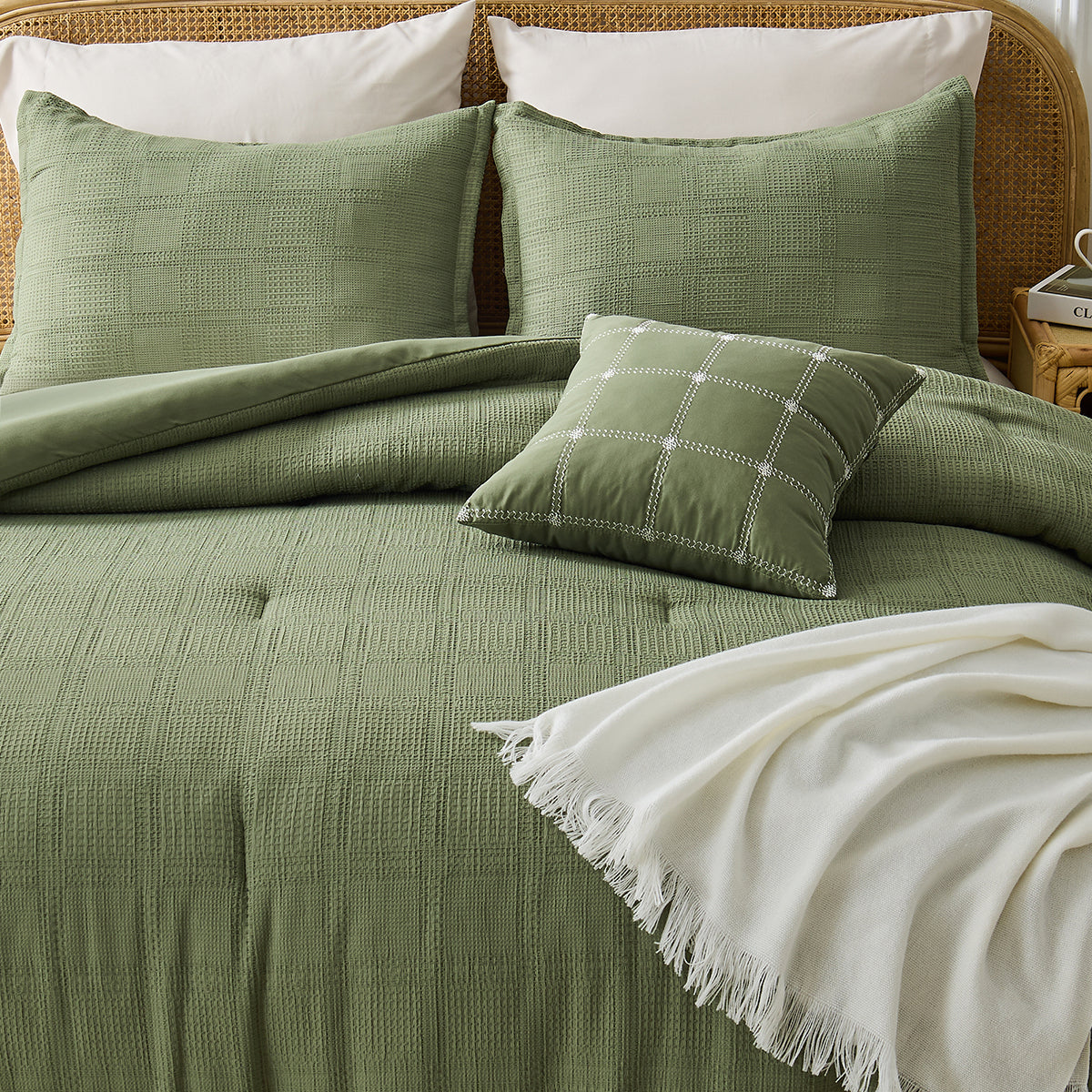Solid Classic Waffle Weave Textured Bedding Comforter Set
