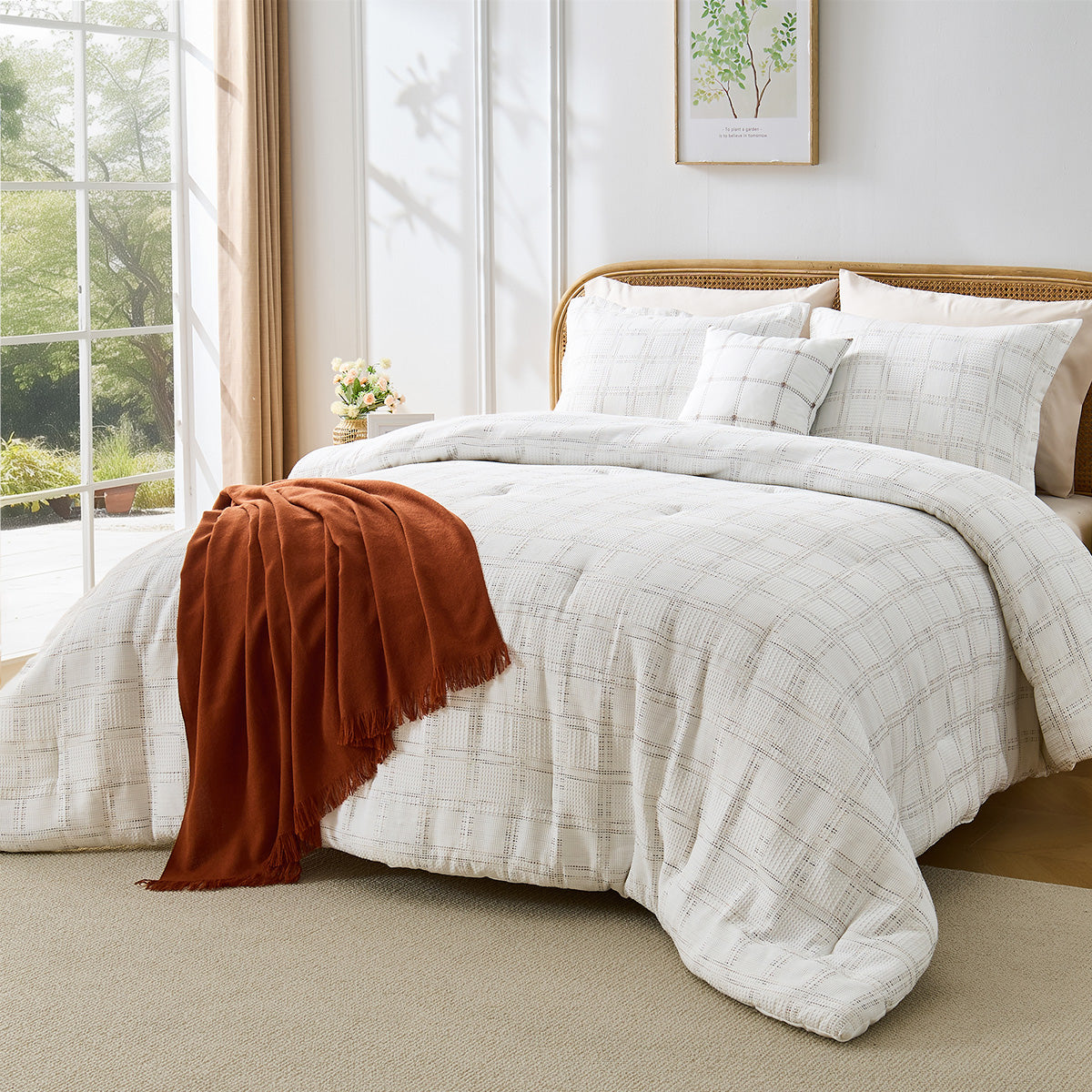 Solid Classic Waffle Weave Textured Bedding Comforter Set