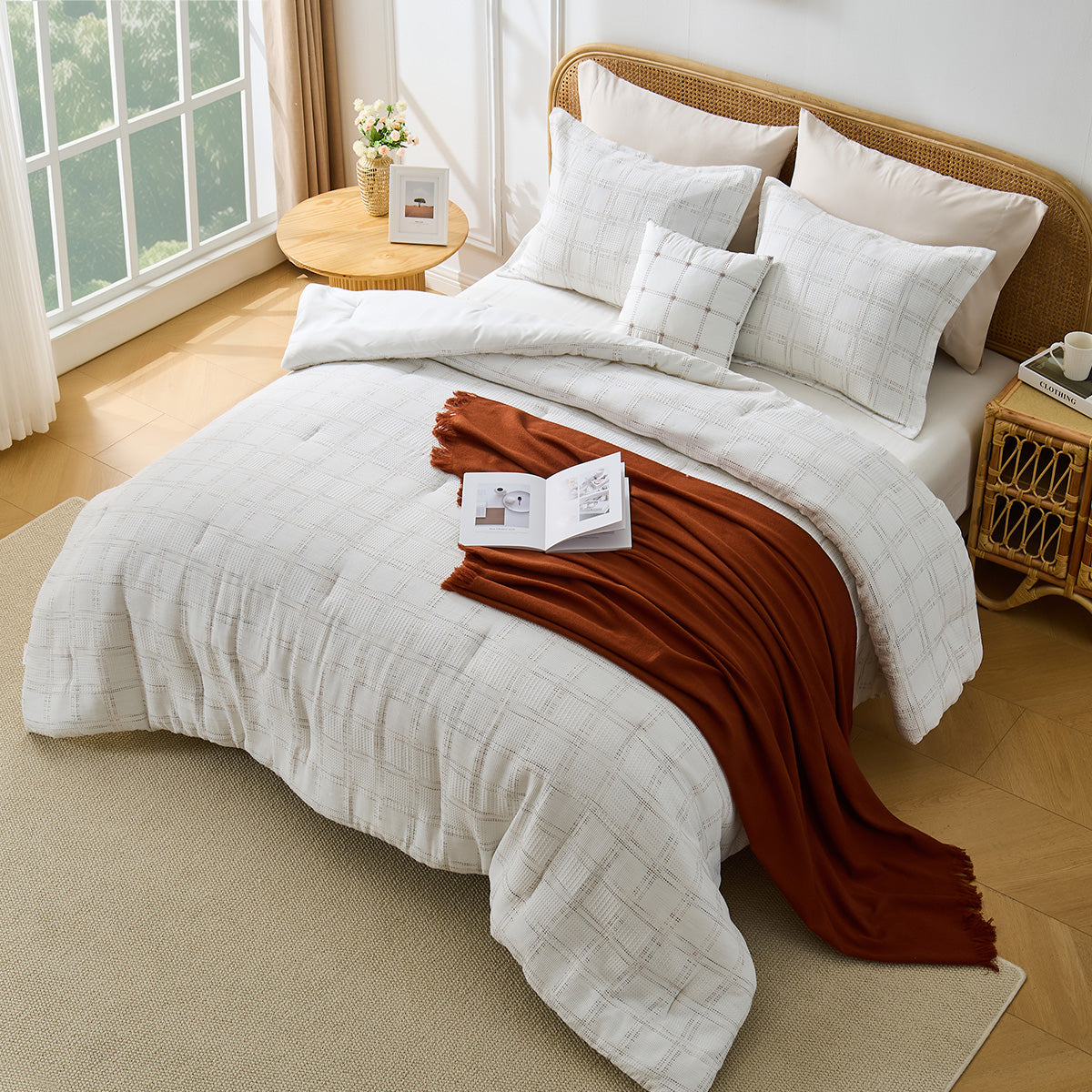 Solid Classic Waffle Weave Textured Bedding Comforter Set