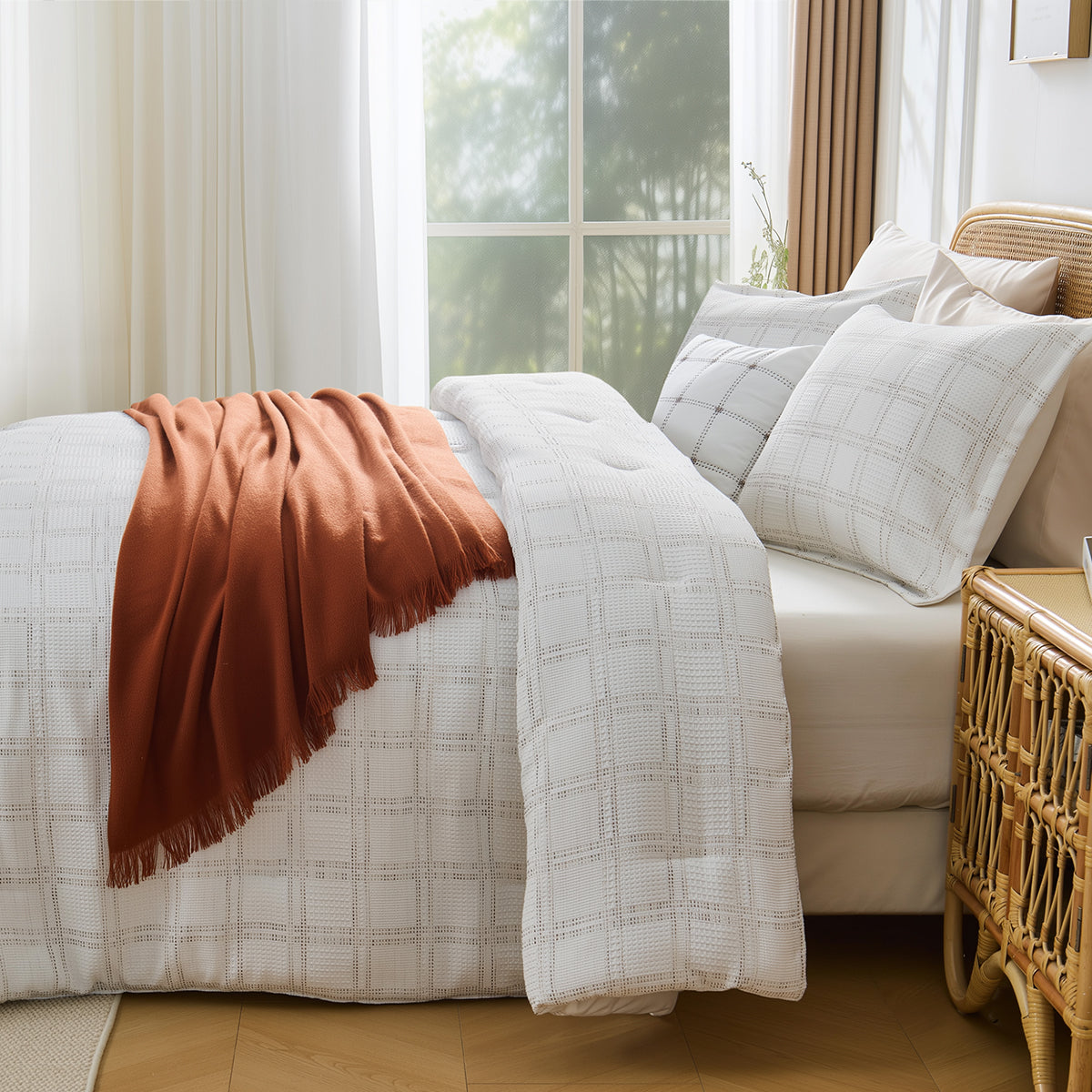 Solid Classic Waffle Weave Textured Bedding Comforter Set