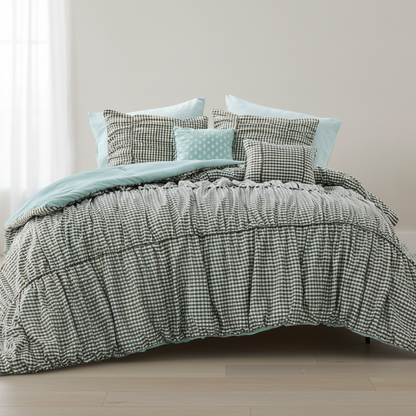 Plaid Ruched All Season Comforter Set with Decorative Pillows