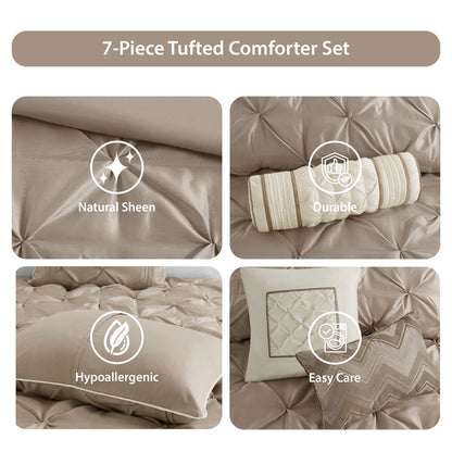 Tufted Pintuk Bed in a Bag Bed Set, Satin Luxury Grey Comforter Bedding Set with Decor Pillow