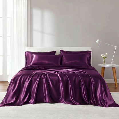 Satin Silky Bedding Sheet Set, Silky Sheen and Cloud-Soft Bed Sheet with Deep-Pocket Fitted Sheet