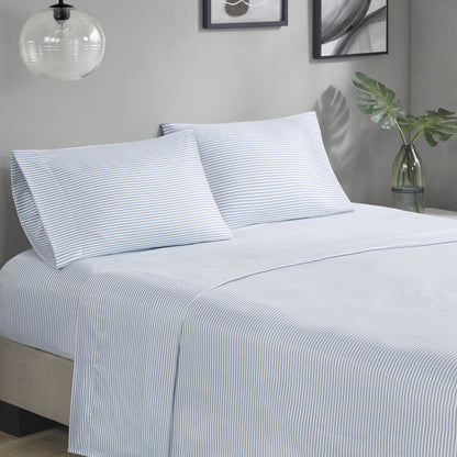 7 Piece Stripe Comforter Set, Bed in a Bag Bedding Set with Flat Sheet and Fitted Sheet, Blue Grey