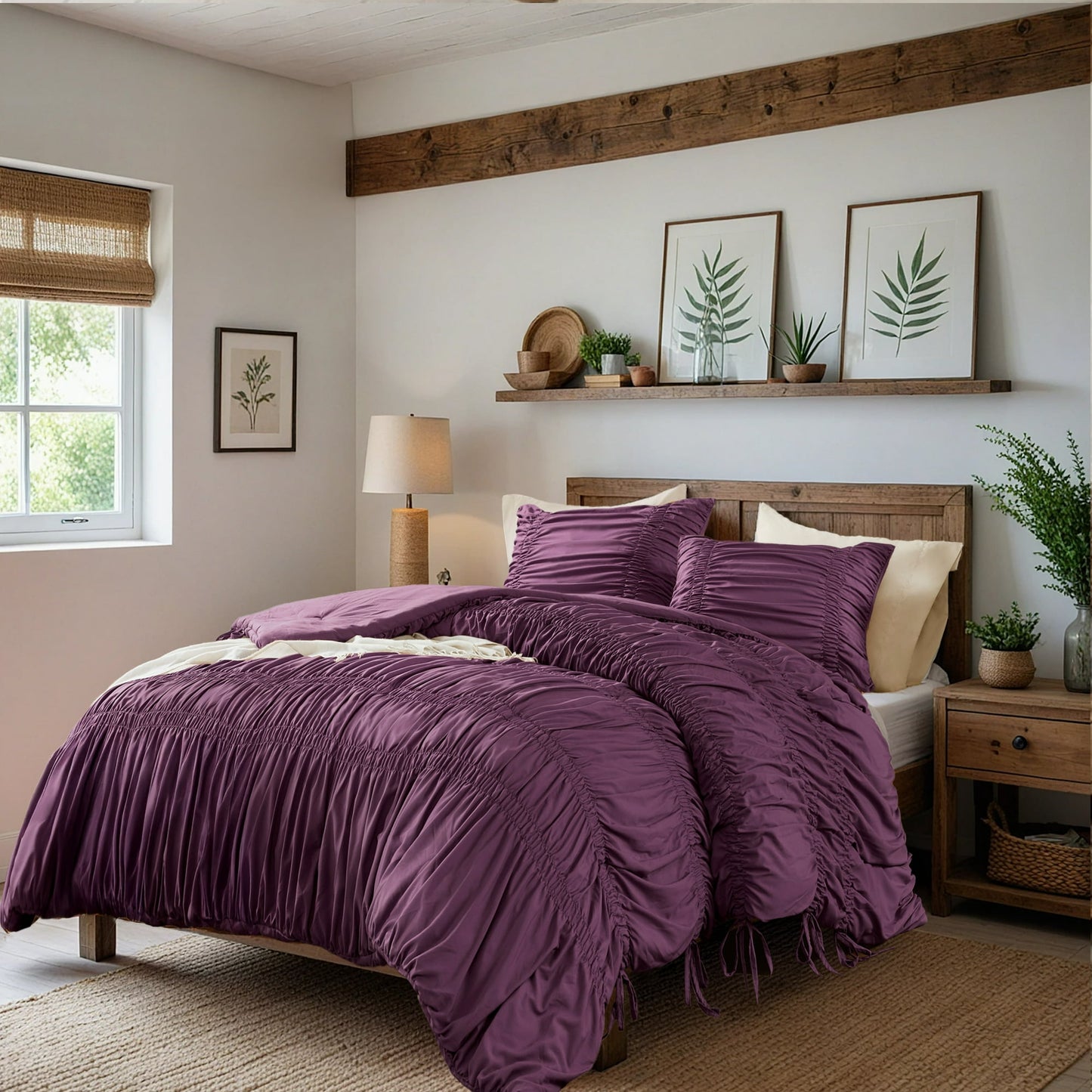 Romantic French Country Ruched Plush Comforter Set with Bow Ties