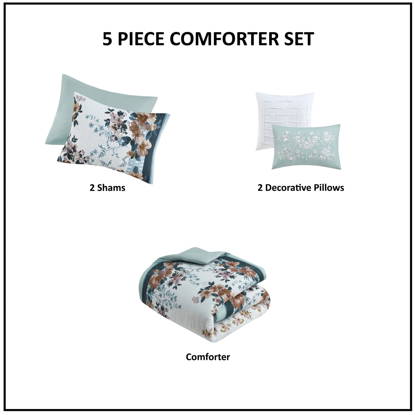 5 Piece Cotton Floral Comforter Set with Throw Pillows in Teal
