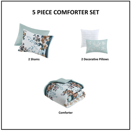 5 Piece Cotton Floral Comforter Set with Throw Pillows in Teal