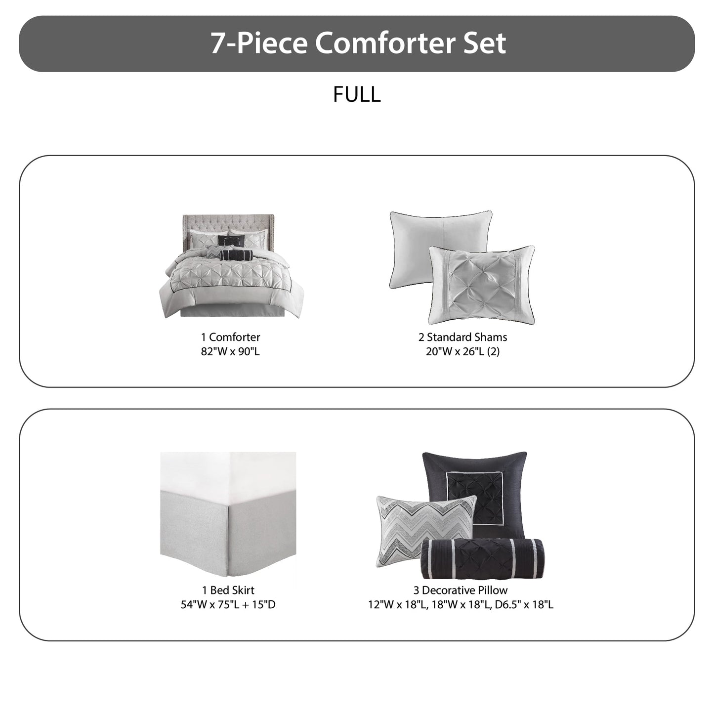 Tufted Pintuk Bed in a Bag Bed Set, Satin Luxury Grey Comforter Bedding Set with Decor Pillow