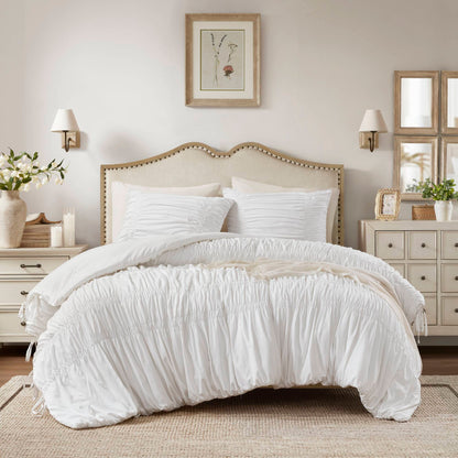 Romantic French Country Ruched Plush Comforter Set with Bow Ties