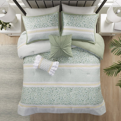 Floral Botanical Printed Seersucker Comforter Set with Throw Pillows