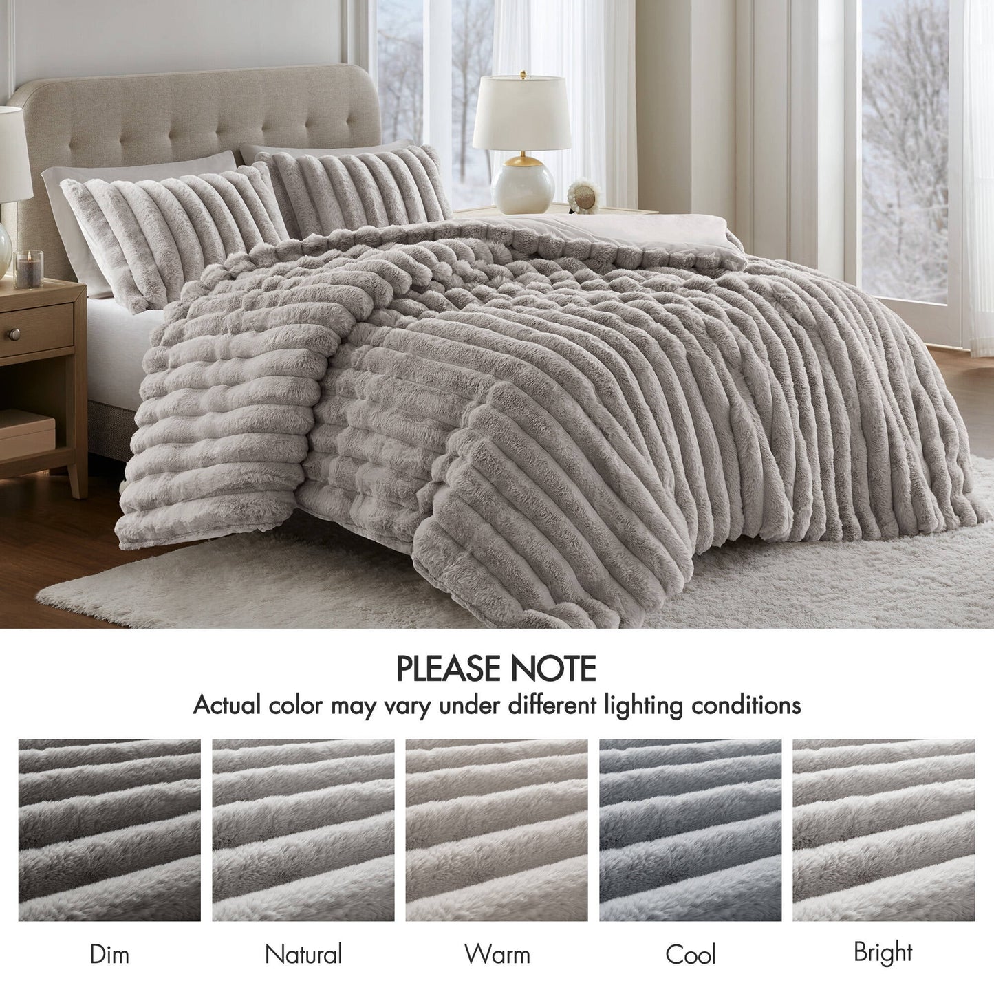 Faux Fur Fluffy Ribbed Bedding Comforter Set