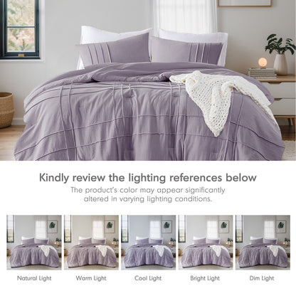 Boho Pintuck Stitching Dorm Bedding Set, Soft Washed Pleated Bed Sets with Pillow Sham