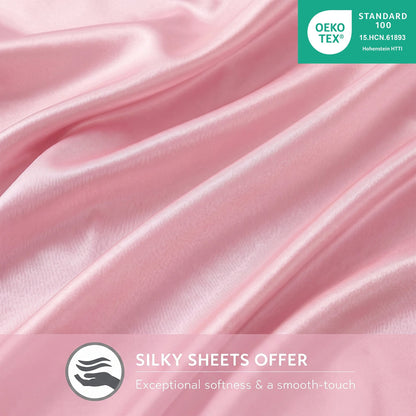 Satin Silky Bedding Sheet Set, Silky Sheen and Cloud-Soft Bed Sheet with Deep-Pocket Fitted Sheet