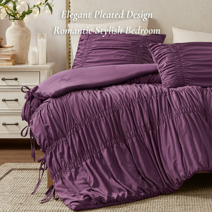 Romantic French Country Ruched Plush Comforter Set with Bow Ties