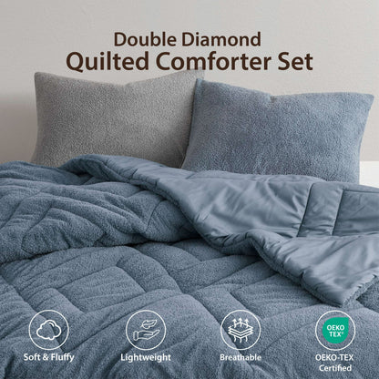 Double Diamond Quilted Teddy Comforter Set