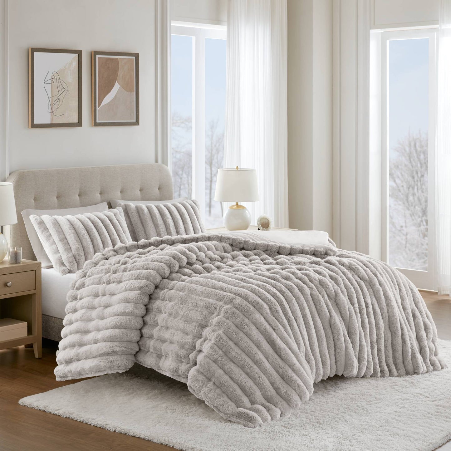 Faux Fur Fluffy Ribbed Bedding Comforter Set