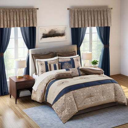 24 Piece Jacquard Comforter Set with Window Curtains, Moroccan-Inspired Bed in a Bag, Navy