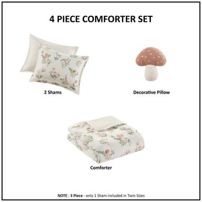 4 Piece Mushroom Garden Printed Bedding Set, Green Floral Comforter Set