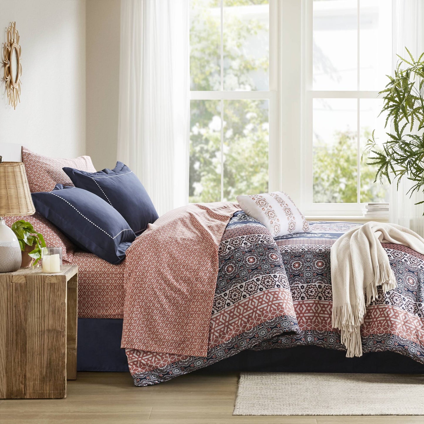 Bed in a Bag Navy/Orange Bedding Sets with Sheets, Bed Skirt for College Dorm