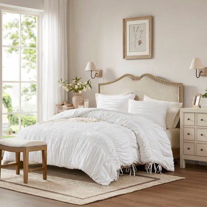 Romantic French Country Ruched Plush Comforter Set with Bow Ties