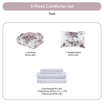 7-Piece Floral Comforter Set, Soft Brushed Bed in A Bag with Bed Sheets, Mauve