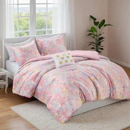 4-Piece Kids Comforter Set, Metallic Printed Plush Dorm Comforter Bedding Set