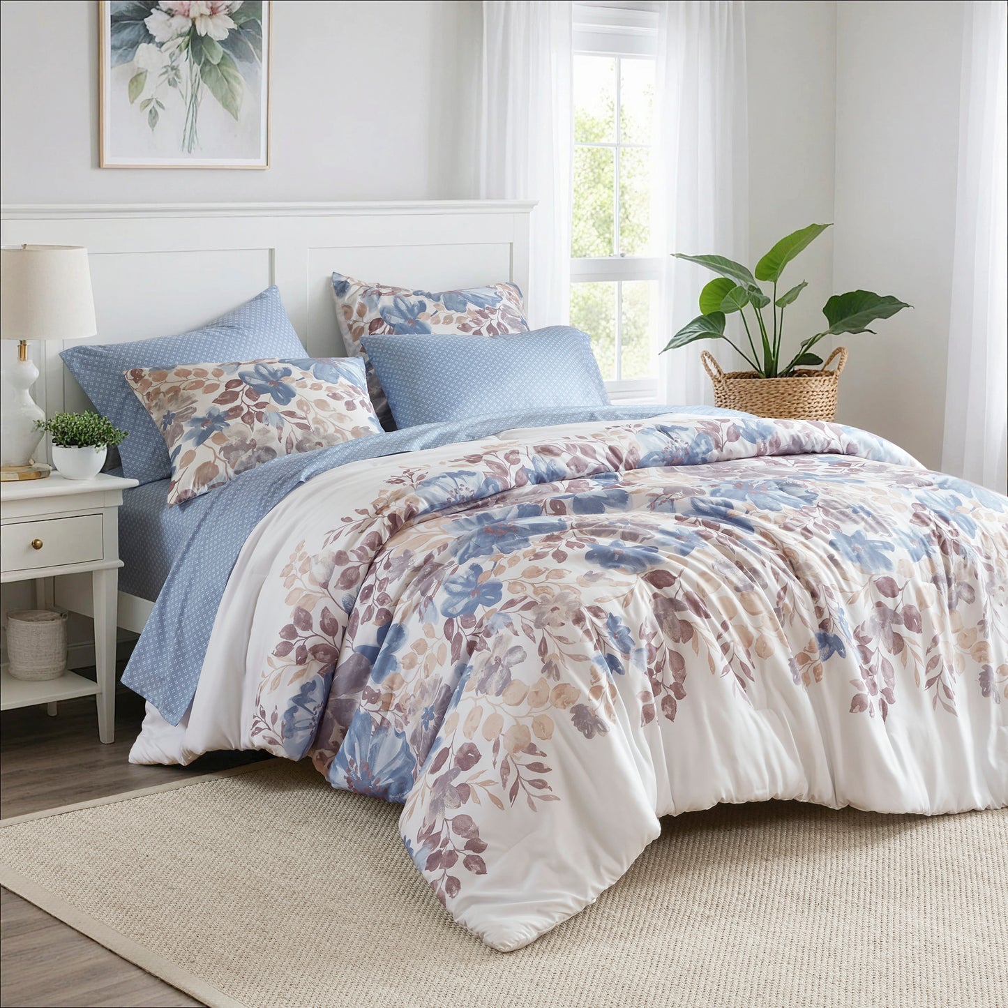 Microfiber Comforter Set, Watercolor Flora Print
