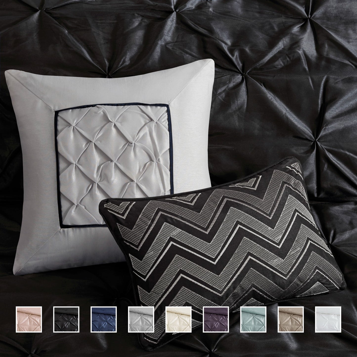 Tufted Pintuk Bed in a Bag Bed Set, Satin Luxury Grey Comforter Bedding Set with Decor Pillow