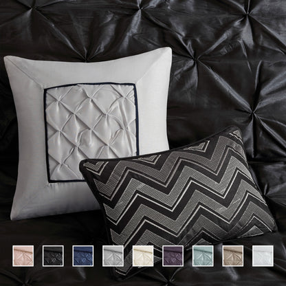 Tufted Pintuk Bed in a Bag Bed Set, Satin Luxury Grey Comforter Bedding Set with Decor Pillow