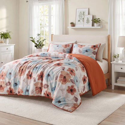Reversible Floral Bedding Set, Cozy Botanical Flowers Seersucker Comforter Bed Set with Sheets and Pillowcases