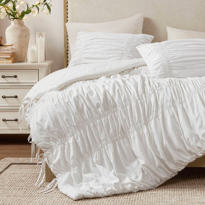Romantic French Country Ruched Plush Comforter Set with Bow Ties