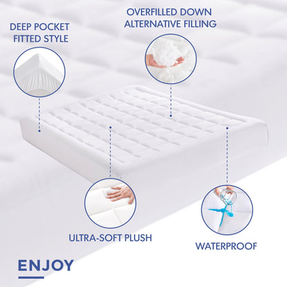 White Quilted Fitted Mattress Pad Cover with Deep Pocket, Waterproof Mattress Protector, Cloud Soft Down Alternative Mattress Cover, Machine Washable