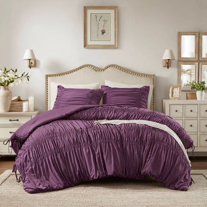 Romantic French Country Ruched Plush Comforter Set with Bow Ties