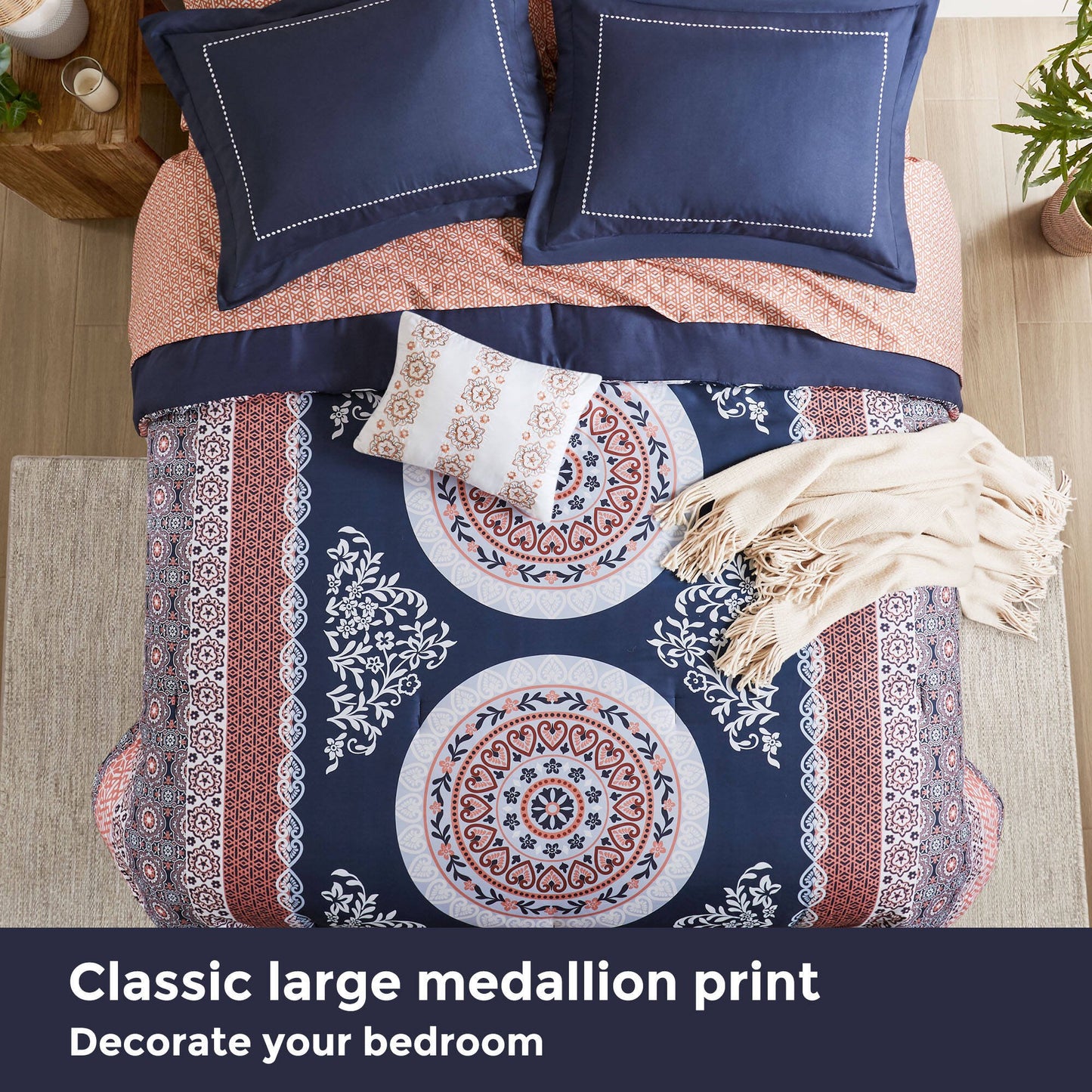 Bed in a Bag Navy/Orange Bedding Sets with Sheets, Bed Skirt for College Dorm