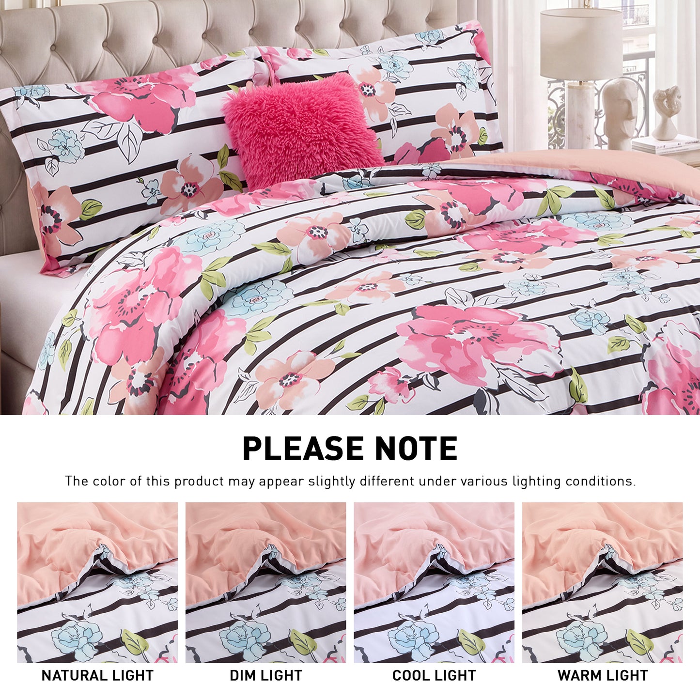 Rosalie Stripe Floral Bedding Comforter Set with Decorative Pillow