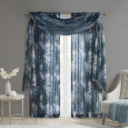 Printed Floral Rod Pocket and Back Tab Voile Sheer, Navy