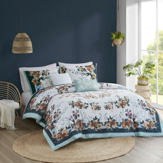5 Piece Cotton Floral Comforter Set with Throw Pillows in Teal