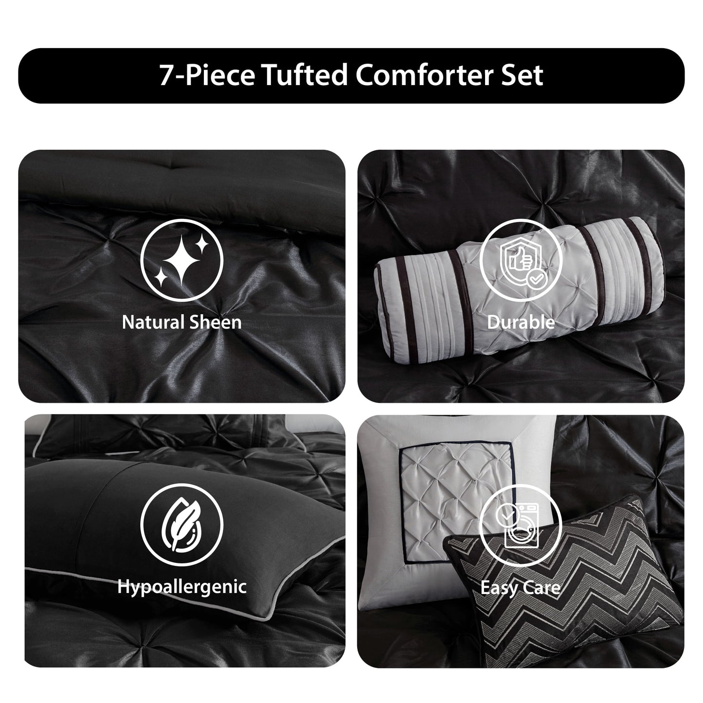 Tufted Pintuk Bed in a Bag Bed Set, Satin Luxury Grey Comforter Bedding Set with Decor Pillow