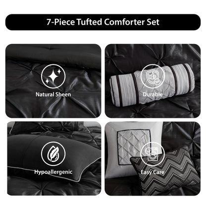 Tufted Pintuk Bed in a Bag Bed Set, Satin Luxury Grey Comforter Bedding Set with Decor Pillow