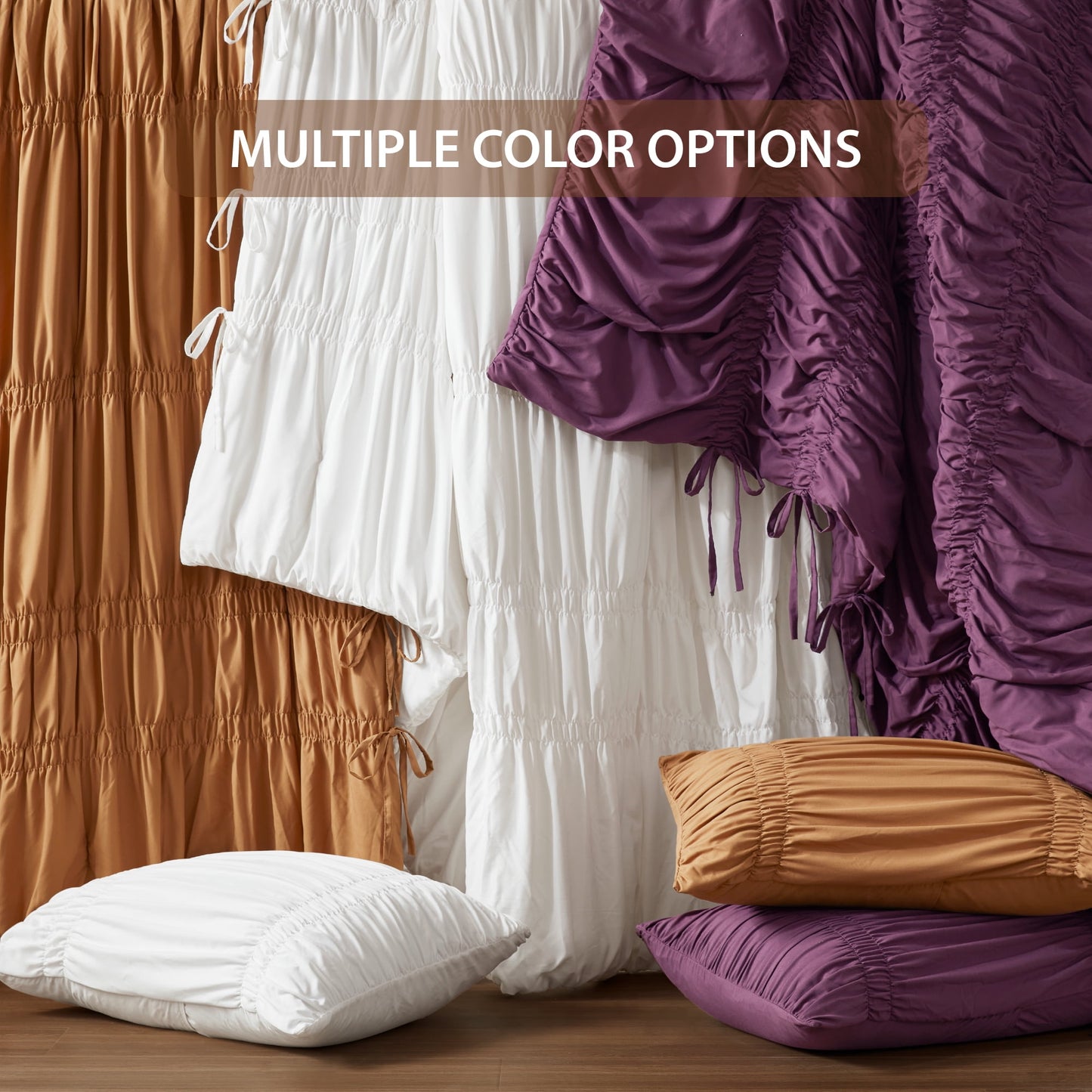 Romantic French Country Ruched Plush Comforter Set with Bow Ties